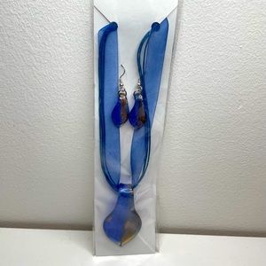 Blue and gold ribbon necklace earring set, Brand New, Still in package